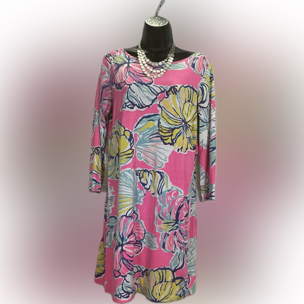 Lilly Pulitzer Pink Floral Shift Dress Medium 3/4 Sleeve Resort Vacation